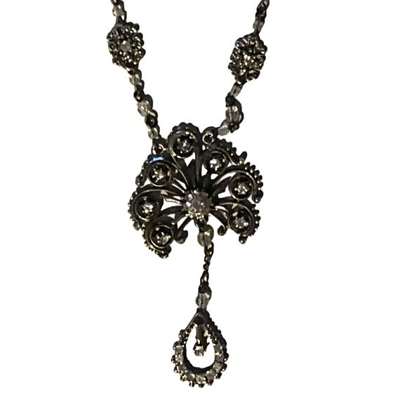 Victorian Crystal & Rhinestone Double Pendant Necklace - Picture 8 of 14